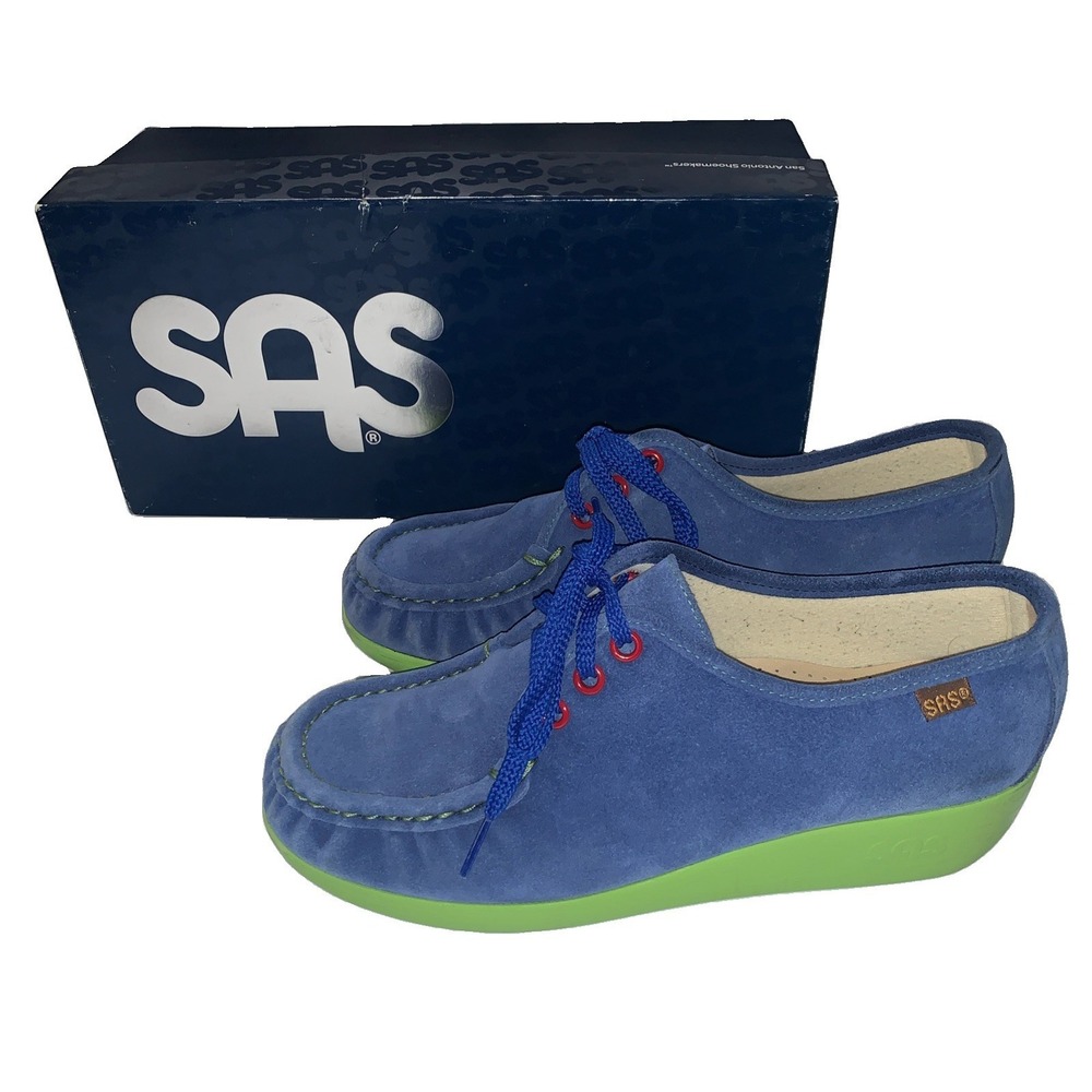 SAS Bounce Shoes Womens 8W Blue Suede Green Lace Up Comfort USA Moccasin Walking